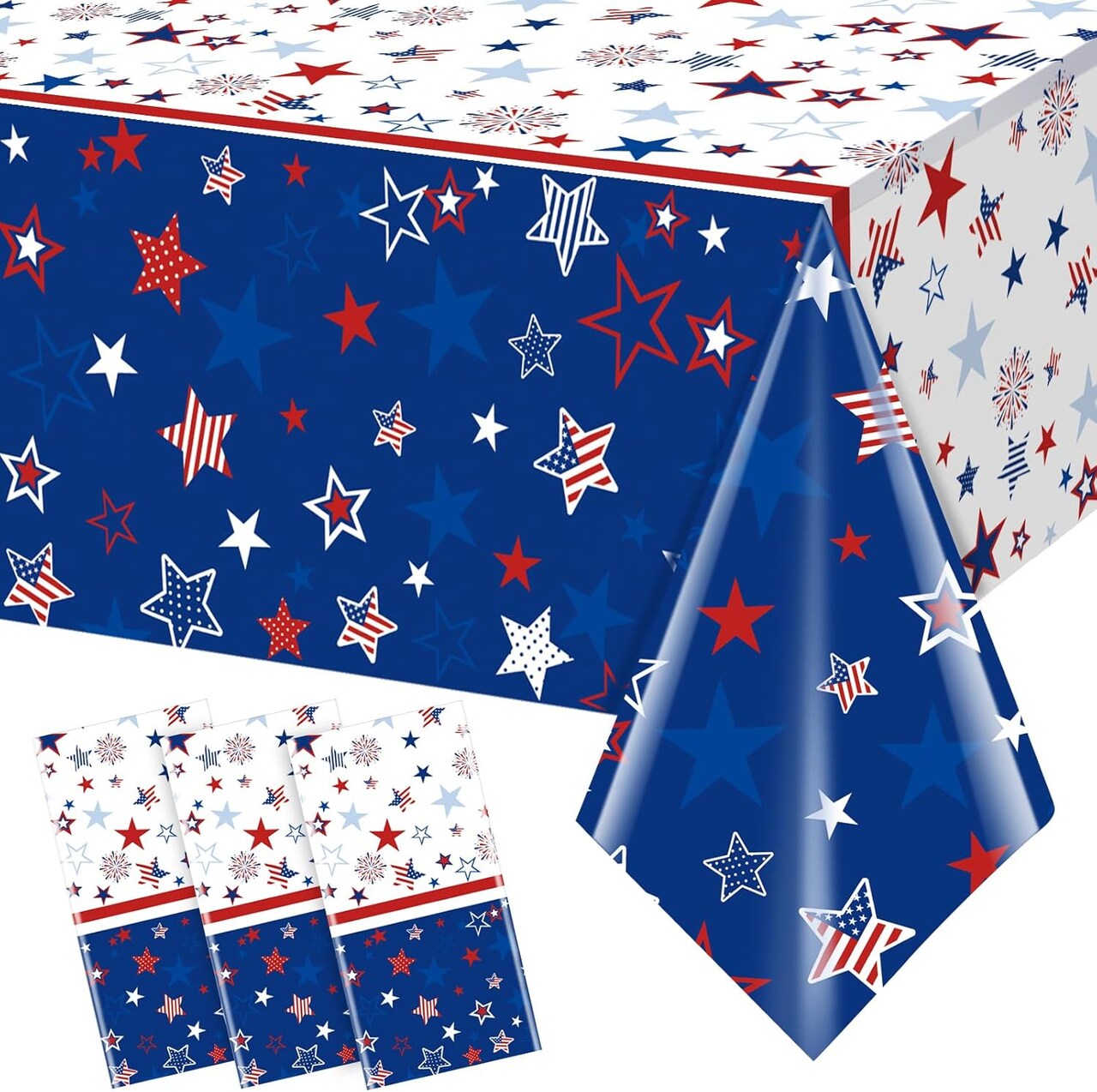 3Pcs Patriotic Tablecloth, 4th of july decorations with Red White Blue Star and Fireworks